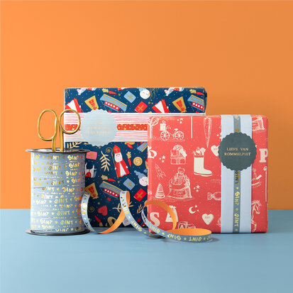 Cadeaupapier Pakjesavond Blue - Stripes Deep Red