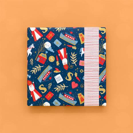 Cadeaupapier Pakjesavond Blue - Stripes Deep Red