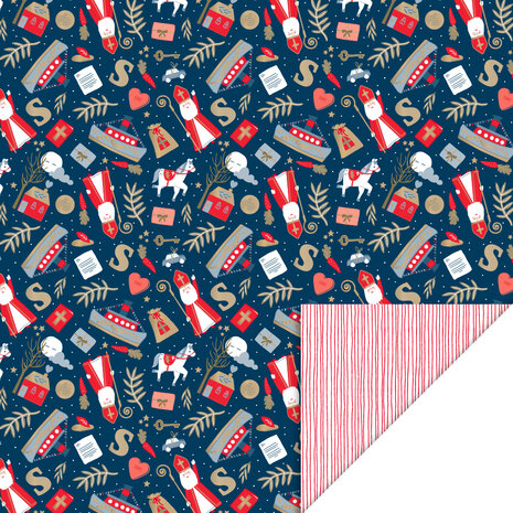 Cadeaupapier Pakjesavond Blue - Stripes Deep Red