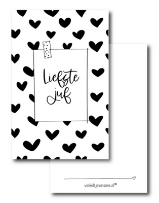 Mini kaartje Liefste juf (hartjesprint)