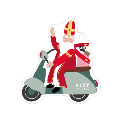 Cadeaulabel Sinterklaas op scooter